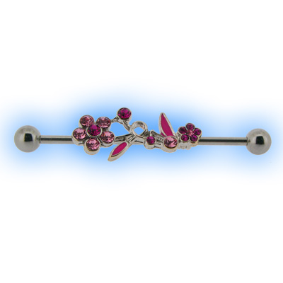Barbell Piercing Jewellery on Industrial Barbell With Pink Flower Design For Scaffold Ear Piercing